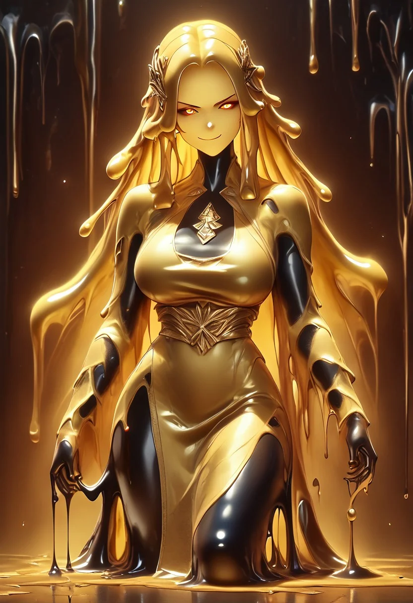 score_9, score_8_up, score_9_up, score_7_up, high quality, masterpiece, highly detailed, 1 girl, (((black slime girl))), large breasts, girl see through body. DonM5h4d0wM317XL, golden kimono dress, golden hair ornament, long hair, glowing golden eyes, sexy pose, dark forest background, smirking