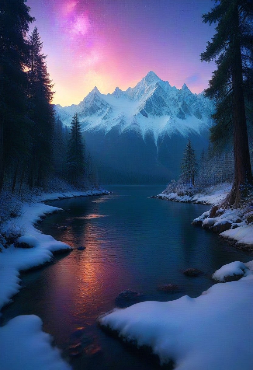 35mm photograph, film, bokeh, professional, beautiful fantasy forest with a snow capped mountain in the background and a lake at night with nebula in the sky, purple blue yellow sky, hyperrealistic, super realistic, sharp focus, 32k, (((masterpiece))) (((ultimate quality))), exquisite beauty, highiest texture resolution, photorealistic, fantasy setting, epic composition