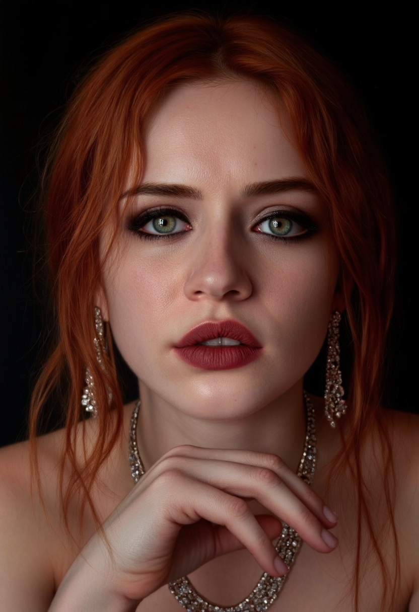photorealistic painting of a 20 y.o. woman resting her chin on one hand, bored expression, heavy makeup, detailed flawless skin with pores, dark smokey makeup around eyes, piercing green eyes, red lipstick with a dark margin, long red hair, big jeweled ear rings and necklace, neutral black background, soft light <lora:hyperrealism-000103:1>