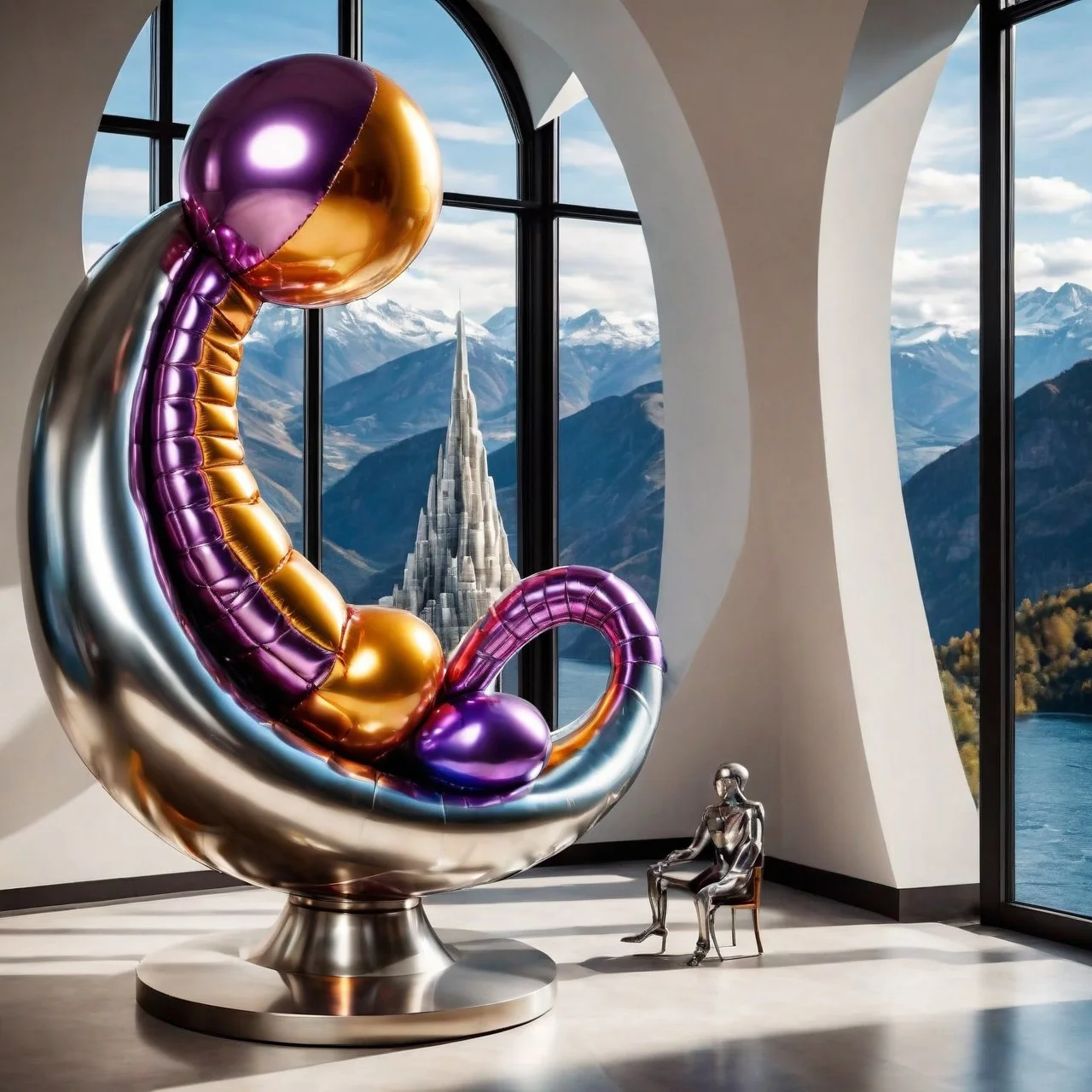 Award-winning stylish Austrian balloon animal sitting in a modern chair in a futuristic cs-m3tal-ok_v06-1000 spiral staircase with modern lighting. Greek color palette. A large window has a view of a magnificent mountain river, rapids outside. Very detailed, intricate, photorealistic, crisp edges.