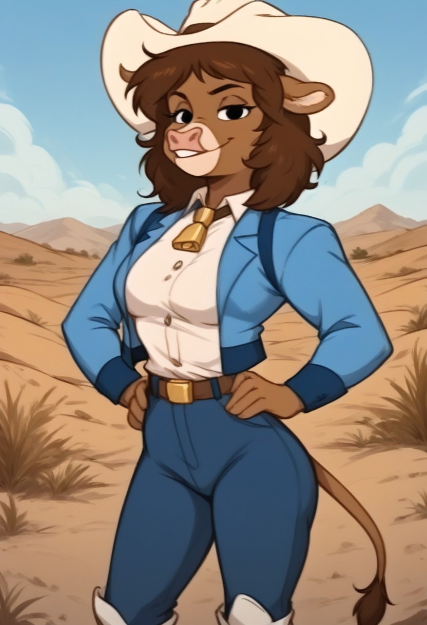 score_9, score_8_up, score_7_up, OverallDetail, Expressiveh, (by joelasko), dynamic lighting, detailed character, detailed face, detailed background, background is desert, mesas, clouds, sunny, (close up), cowboy shot, 
BREAK
furry female, anthro, 1girl, solo, female cow, Kowlamity Kate, black eyes, ((brown fur)), medium hair, (brown hair), messy hair, (cow tail), medium breasts, heavy breasts, lean build, (muscular), long legs, curvy legs, animal nose, toned body, wide hips, narrow waist, round ass,
BREAK
standing, looking at viewer, smiling, half closed eyes, blue jacket, ((white undershirt)), blue jeans, belt, white boots, cowboy hat, ((bolo tie)), hands on hips