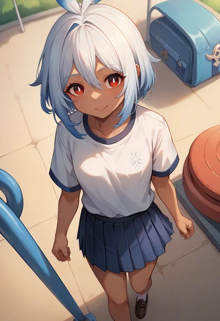 (score_9,score_8_up,score_7_up,),uncensored,
Genshin_Mualani,<lora:Genshin_Mualani_pony:0.8>,1girl,solo,white hair,red eyes,closed mouth,dark skin,bangs,blue hair,sunburn,
from_above,pleated_skirt,school,playground,outdoors,walking,loafers,white_shirt,