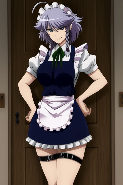 izayoi sakuya, 1girl, ahoge, apron, braid, breasts, danmaku, grey hair, knife, maid, maid headdress, medium breasts, ribbon, short hair, smile, solo, thigh strap, twin braids, waist apron, 
masterpiece, best quality, very aesthetic, absurdres, pixiv, anime coloring