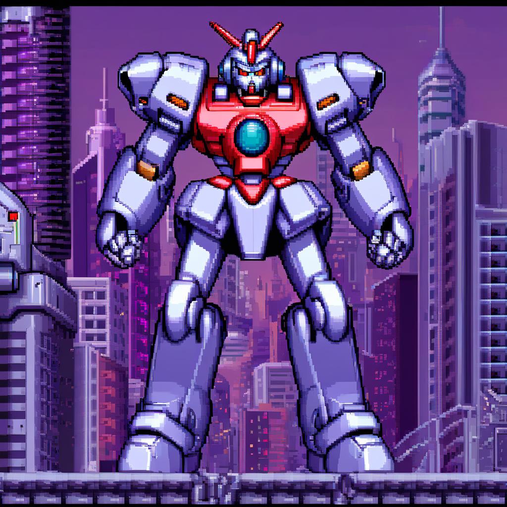 snes style,  robot, mecha ready to fight,city background   <lora:snesSDXLv3.1:1>