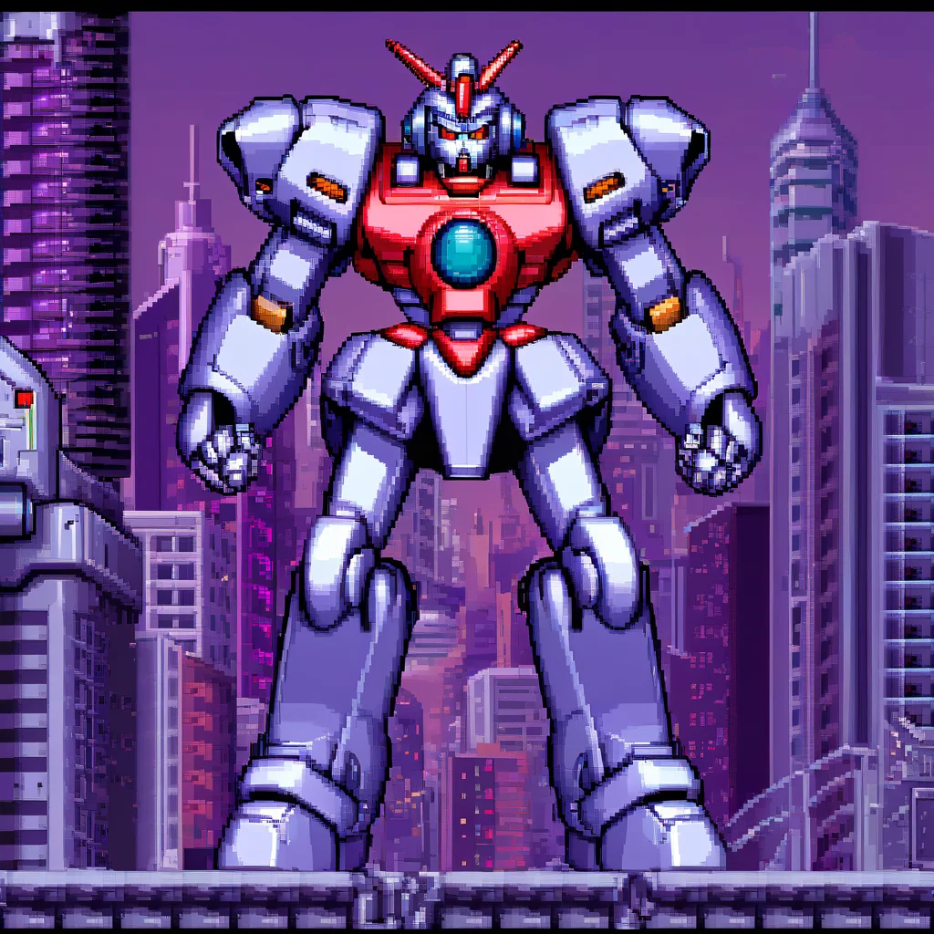 snes style, robot, mecha ready to fight,city background <lora:snesSDXLv3.1:1>