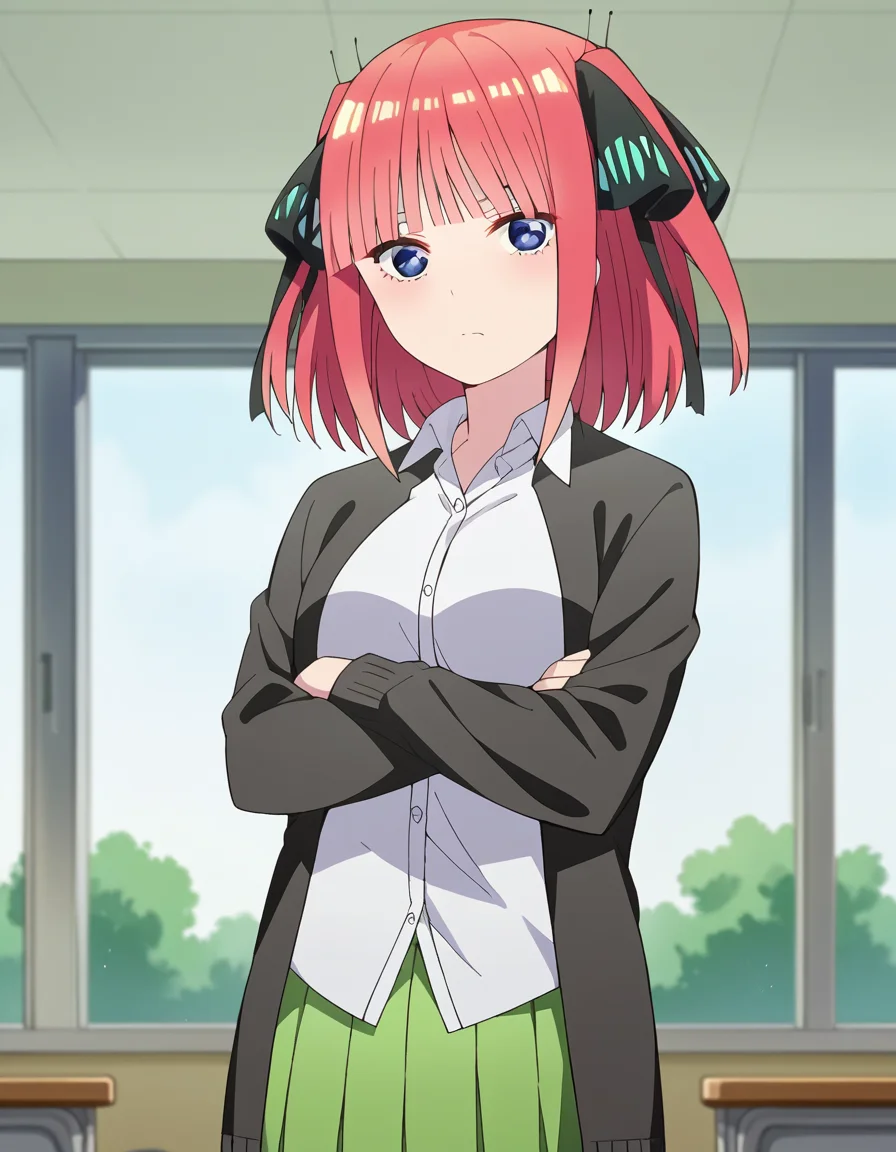 score_9, score_8_up, score_7_up, source_anime,
ninonakano, <lora:nino-nakano-s2-ponyxl-lora-nochekaiser:1>,
nino nakano, short hair, bangs, blue eyes, hair ornament, hair ribbon, pink hair, blunt bangs, two side up, butterfly hair ornament, mature female,
skirt, shirt, long sleeves, white shirt, pleated skirt, open clothes, collared shirt, sleeves past wrists, dress shirt, cardigan, green skirt, open cardigan, black cardigan,
indoors, classroom, crossed arms,
looking at viewer, cowboy shot, dutch angle, solo,