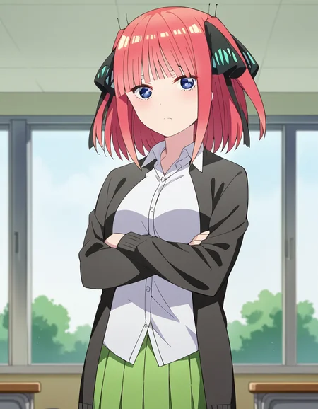 score_9, score_8_up, score_7_up, source_anime,
ninonakano, <lora:nino-nakano-s2-ponyxl-lora-nochekaiser:1>,
nino nakano, short hair, bangs, blue eyes, hair ornament, hair ribbon, pink hair, blunt bangs, two side up, butterfly hair ornament, mature female,
skirt, shirt, long sleeves, white shirt, pleated skirt, open clothes, collared shirt, sleeves past wrists, dress shirt, cardigan, green skirt, open cardigan, black cardigan,
indoors, classroom, crossed arms,
looking at viewer, cowboy shot, dutch angle, solo,