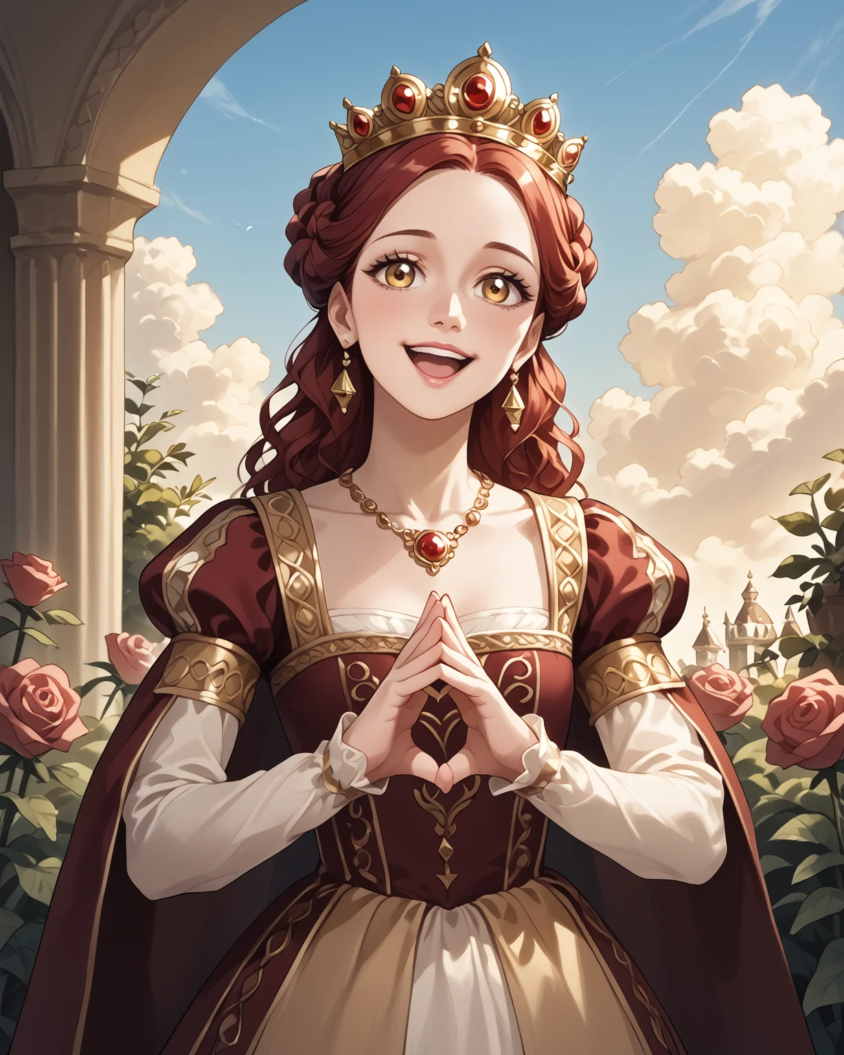 score_9, score_8_up, score_7_up, 1girl, wearing medfa, medfa clothing, waist-up, updo, excited, joyful, energetic, clapping hands together, rose garden, delicate pearls, beautiful sky, long lashes, extremely detailed clothing, jacquard fabric, gold embroidery, gentle eyes, masterpiece, highest quality, absurdres, (extremely detailed,best quality:1.1), detailed face, detailed hair, <lora:Medieval_Fashion_XL:1>, <lora:OtherStyle_08-Merge5_06_04_02_02:1>, <lora:Dutch_angle:1>