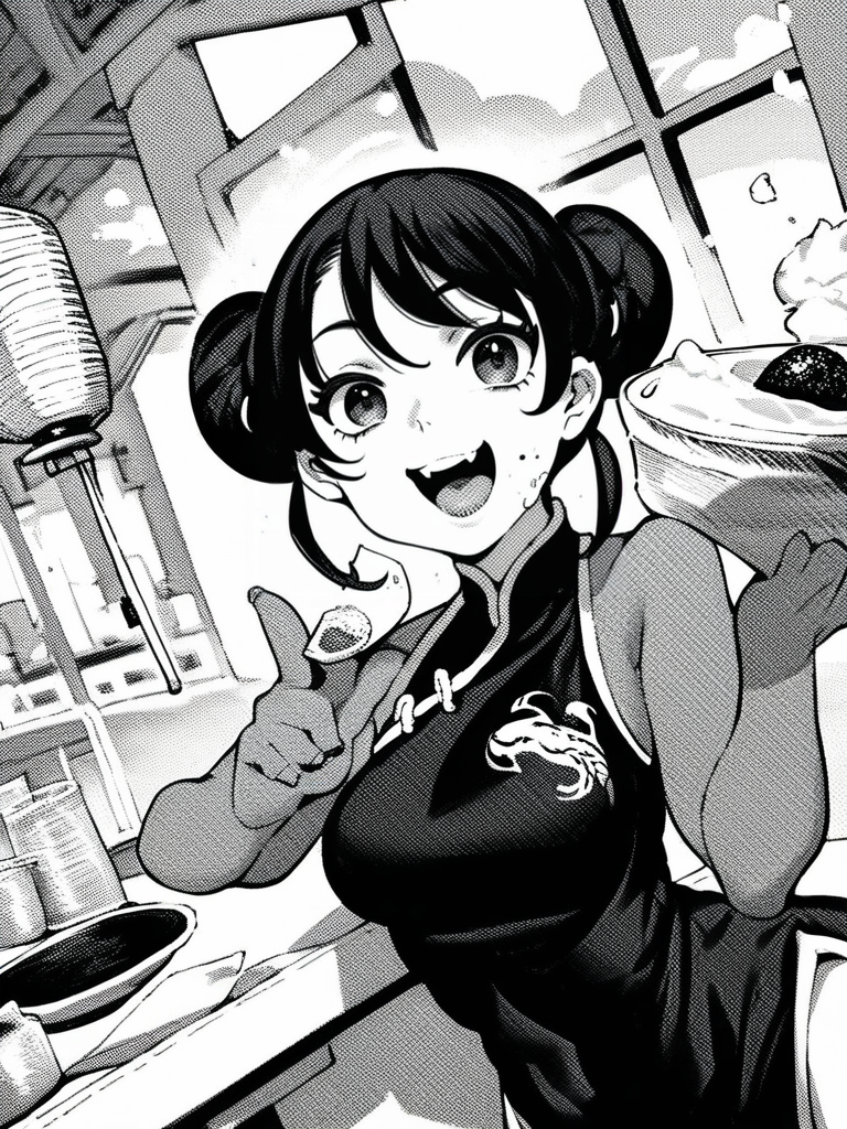 score_9, score_8_up, score_7_up, score_6_up, 1girl eating sushi, open mouth, food, restaurant, paper lantern, looking at food, black hair, hair buns, medium breast, eyes, smile, china dress, looking at viewer, cowboy shot, dynamic pose, smile, cute, wide shot, solo, dutch angle, detailed landscape, 
 <lora:ABearHand_style:1>, HandBeardXLP, monochrome, greyscale,