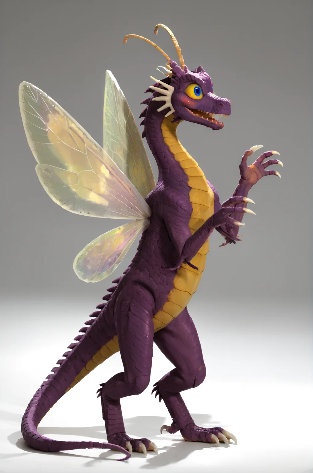 score_9, score_8_up, score_7_up, BREAK,
heroes3, from side, faerie dragon, dragon, solo, full body, purple scales, long tail, insect wings, antennae, big eyes, blue eyes, yellow sclera, white claws, yellow accents, standing, hands up, blush, white background,
, <lora:HoMMv6_S98:1>,