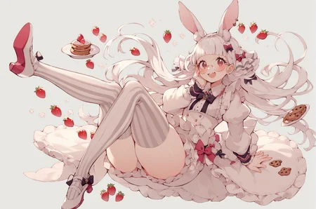 score_9, score_8_up, score_7_up, score_6_up, 1girl, blush, blunt bangs, bow, cookie, food, frills, strawberries, round eyewear, hair ornament, happy, white hair, rabbit ears, elegant shoes, simple background, solo, striped, striped legwear, thighhighs, vertical-striped legwear, vertical stripes, wrist_cuffs, shorts, elegant clothes, puffy sleeves, long sleeves, hand on own face, thick thighs, knees up, <lora:Uekura_eku_Style-000009:0.8>, dynamic pose,