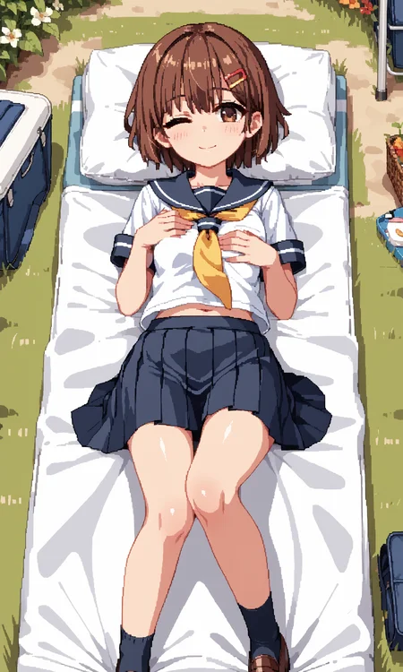 score_9, score_8_up, score_7_up, BREAK source_anime, masterpiece, anime screencap, shiny skin, official style, illustration,
8k, highres, incredibly_absurdres,
insanely detailed, anatomically correct, best perspective,
<lora:Aduare Style Pony:0.35>,
pixel art,
1girl, (Beautiful Breasts, natural breasts:1.2),
smile, one eye closed ,
full body ,
from below,
sharp focus, colorful,
cute, shy ,
looking back,
hand on chest ,
lying, on back ,
short hair, flat chest, brown eyes, hair ornament, brown hair, hairclip, bangs,
school uniform, skirt, serafuku,short sleeves,yellow neckerchief, pleated skirt, black skirt, shirt, sailor collar,
In the park, in the woods, in a tent,
<lora:Summer_Memoriesãã¾ããã¼_Doujin_OtomeHentai_Game_Art_Style:0.85>