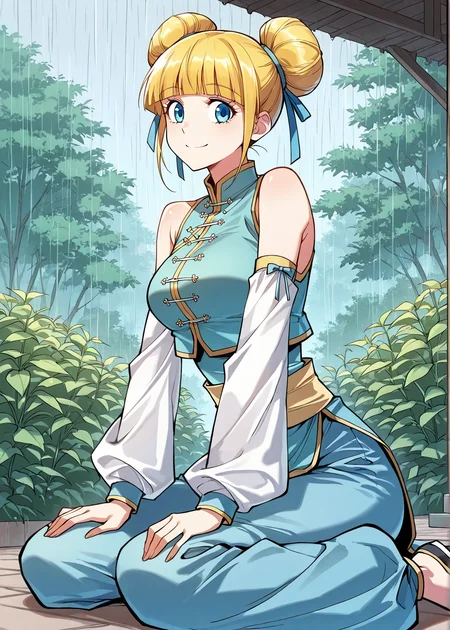 <lora:Meng_Wu:1>
1 girl, solo, blue eyes, blonde hair
chinese clothes, blint bangs, bare shoulders, detached sleeves, hair bun, double bun, blunt bangs, blue pants, baggy pants
score_9, score_8_up, score_7_up, very aesthetic, source_anime, detailed, high quality, beautiful, detailed eyes, masterpiece, best quality, absurdres, perfect anatomy, 1girl, solo, wariza, sitting, hands on own knees, garden background, charming smile, rain