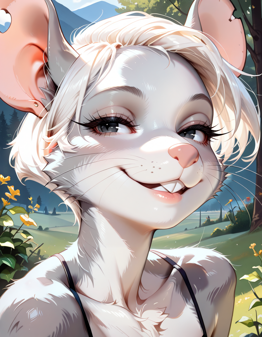 masterpiece, best quality, very aesthetic, absurdres,
outdoors, 
headshot, face focus,
seductive smile, parted lips, long eyelashes,
<lora:Amelia_v01_NAIXL:1>
Amelia,1girl,solo,furry,female,mouse girl,mouse ears,notched ear,white hair,very short hair,black eyes,snout,buck teeth,whiskers,body fur,grey fur,