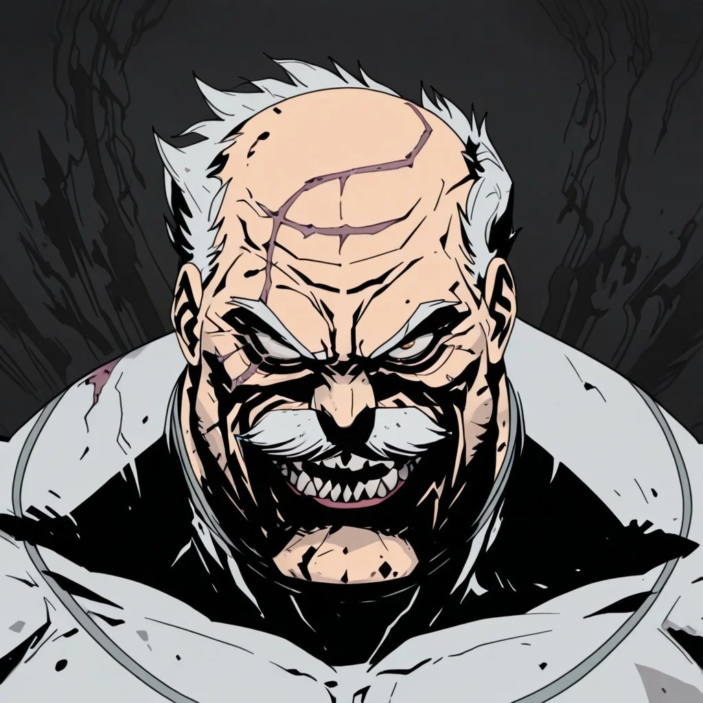 ((hd, masterpiece, masterpiece, best quality, amazing quality)), INVC-ShowStyle-V1.0 ,official style, Conquest-ISV-V1.0 old man, white hair, mustache, facial hair, scar, blind eye, single mechanical arm, evil smile, menacing smile, scary smile, ((shadows in face, long shadow, face hidden by shadows)), black backgound, completly black background, (face focus, dark_comic_fantasy_noir)