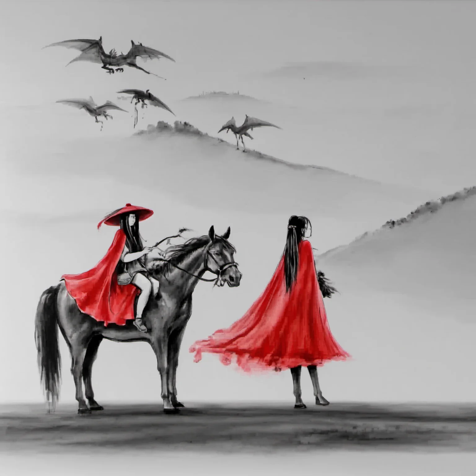 <lora:ink_xiakexing_xl:0.8>,1girl,red dress,dragon,ink painting,
ink painting,a drawing of a woman holding a horse with a man on it's back,1girl,long hair,1boy,hat,monochrome,cape,bird,animal,letterboxed,riding,horse,horseback riding,spot color,