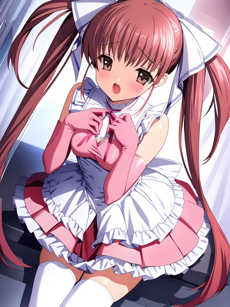masterpiece, best quality, high quality, aesthetic, absurdres, insanely detailed,
1girl, thighhighs, elbow gloves, ribbon, zettai ryouiki, long hair, blush, red hair, open mouth, white thighhighs, dress, brown eyes, hair ribbon, skirt, dutch angle, pink gloves, twintails, frills,
<lora:chocochip-style-xl_v1.0:1>