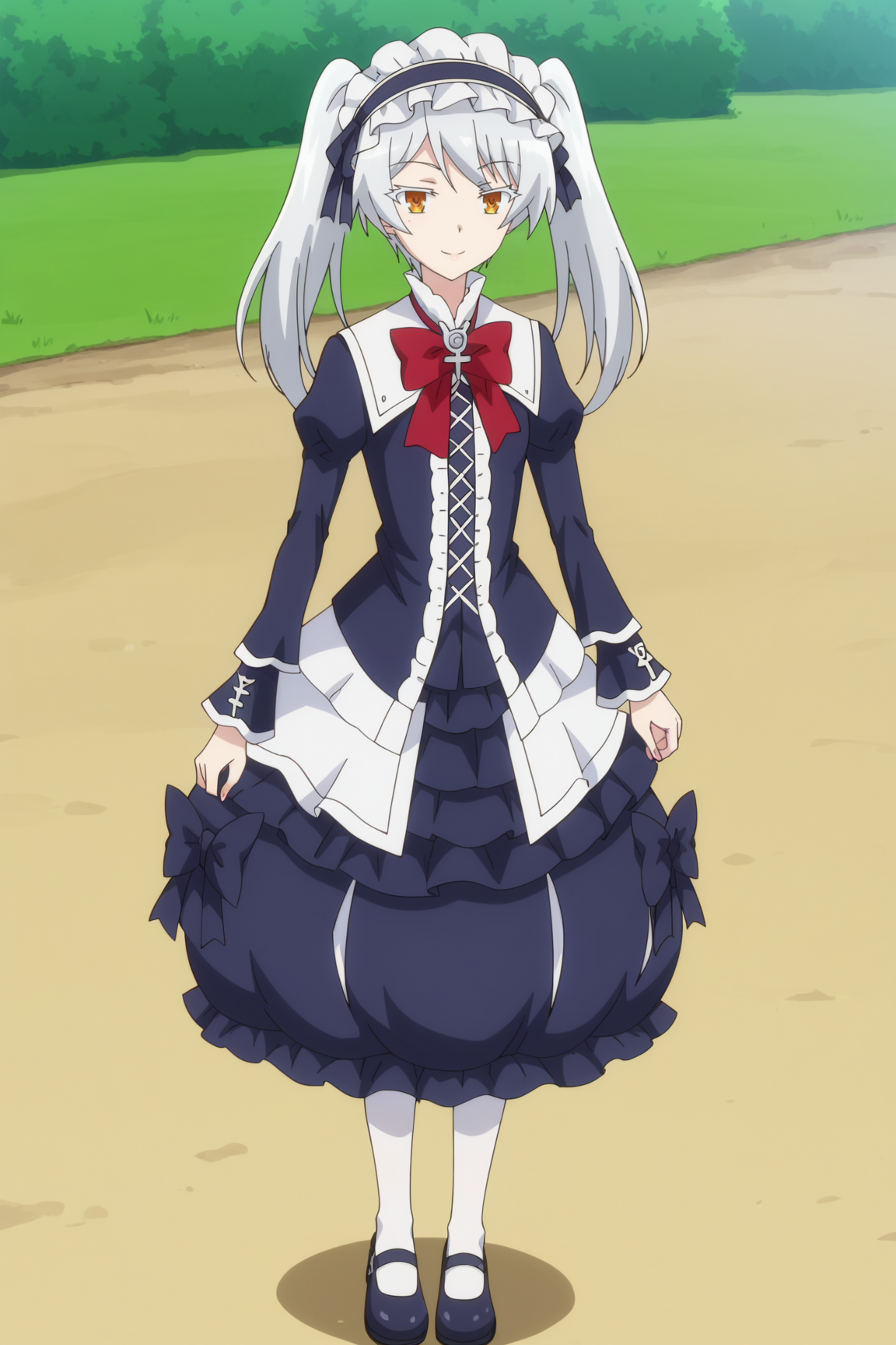 score_9, score_8_up, score_7_up, source anime, prefect lighting, very aesthetic, BREAK, anime screencap, anime coloring,
<lora:leen_isekai_smartphone-v2_pdv6:1>, 1girl, leen_\(isekai_wa_smartphone_to_tomo_ni.\), orange eyes, white hair, long hair, twintails, small breasts,
leenout, dress, bow, ribbon, white pantyhose, frilled hairband, mary_janes,
BREAK, looking at viewer, light smile,