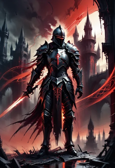 Gothic sci-fi illustration of a brooding knight in dark, ornate armor, intricately designed with biomechanical elements and glowing crimson accents. He wields a massive greatsword forged from a mysterious alloy, its blade humming with energy and etched with ancient runes. The knight stands in a desolate, dystopian cityscape, where crumbling gothic architecture intertwines with towering metallic structures. A blood-red sky looms overhead, and the air is thick with ash and despair, creating an atmosphere of impending doom.