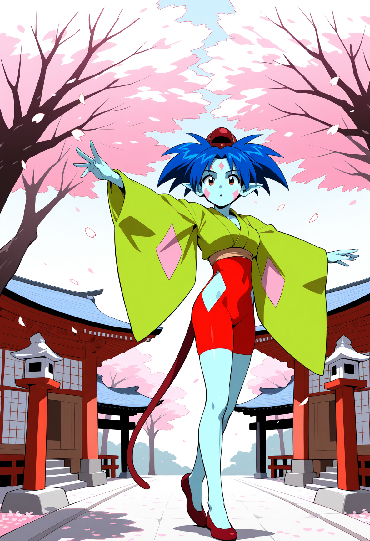ponko, 1girl, solo, breasts, short hair, long sleeves, blue hair, green japanese clothes, pointy ears, wide sleeves, colored skin, clothing cutout, tail, facial mark, red footwear, red headwear,  red eyes, 1990s
BREAK
Standing, 
BREAK
outside, shrine, cherry blossoms 
BREAK
masterpiece,best quality,absurdres,very aesthetic,perspective, <lora:ponko_IL_Lora_v1:1>