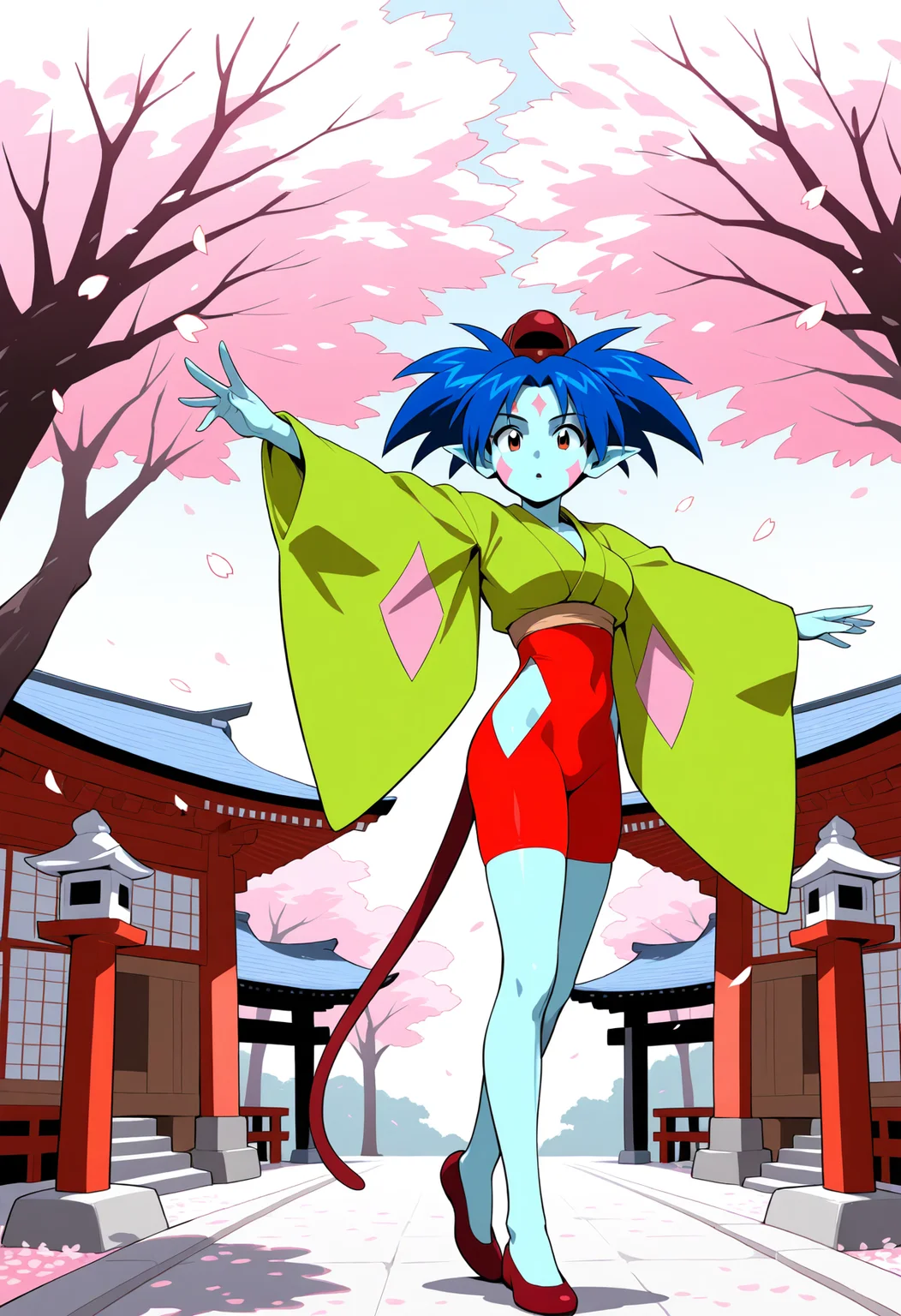 ponko, 1girl, solo, breasts, short hair, long sleeves, blue hair, green japanese clothes, pointy ears, wide sleeves, colored skin, clothing cutout, tail, facial mark, red footwear, red headwear, red eyes, 1990s
BREAK
Standing,
BREAK
outside, shrine, cherry blossoms
BREAK
masterpiece,best quality,absurdres,very aesthetic,perspective, <lora:ponko_IL_Lora_v1:1>