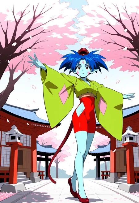 ponko, 1girl, solo, breasts, short hair, long sleeves, blue hair, green japanese clothes, pointy ears, wide sleeves, colored skin, clothing cutout, tail, facial mark, red footwear, red headwear, red eyes, 1990s
BREAK
Standing,
BREAK
outside, shrine, cherry blossoms
BREAK
masterpiece,best quality,absurdres,very aesthetic,perspective, <lora:ponko_IL_Lora_v1:1>