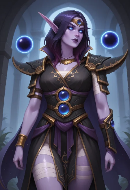 masterpiece, high quality, amazing detail,
1girl, solo, cowboy shot, blue eyes, ss-maminxalat, elf, long eyebrows, pointy ears, glowing eyes, colored skin, purple skin, purple lips, purple hair,gradient hair, circlet, black clothes, golden trim, high collar, big shoulder armor, single bracer, waist belt, pelvic curtain, back skirt, void sphere, thigh bandages, detached cape,
<lora:XalAtath_WOW_-_ILLU_by_SulfurSniffer:0.7>, <lora:ILLUYuPaChu_-_Artist_style_model_by_SulfurSniffer:0.7> ss-yp$-illu,