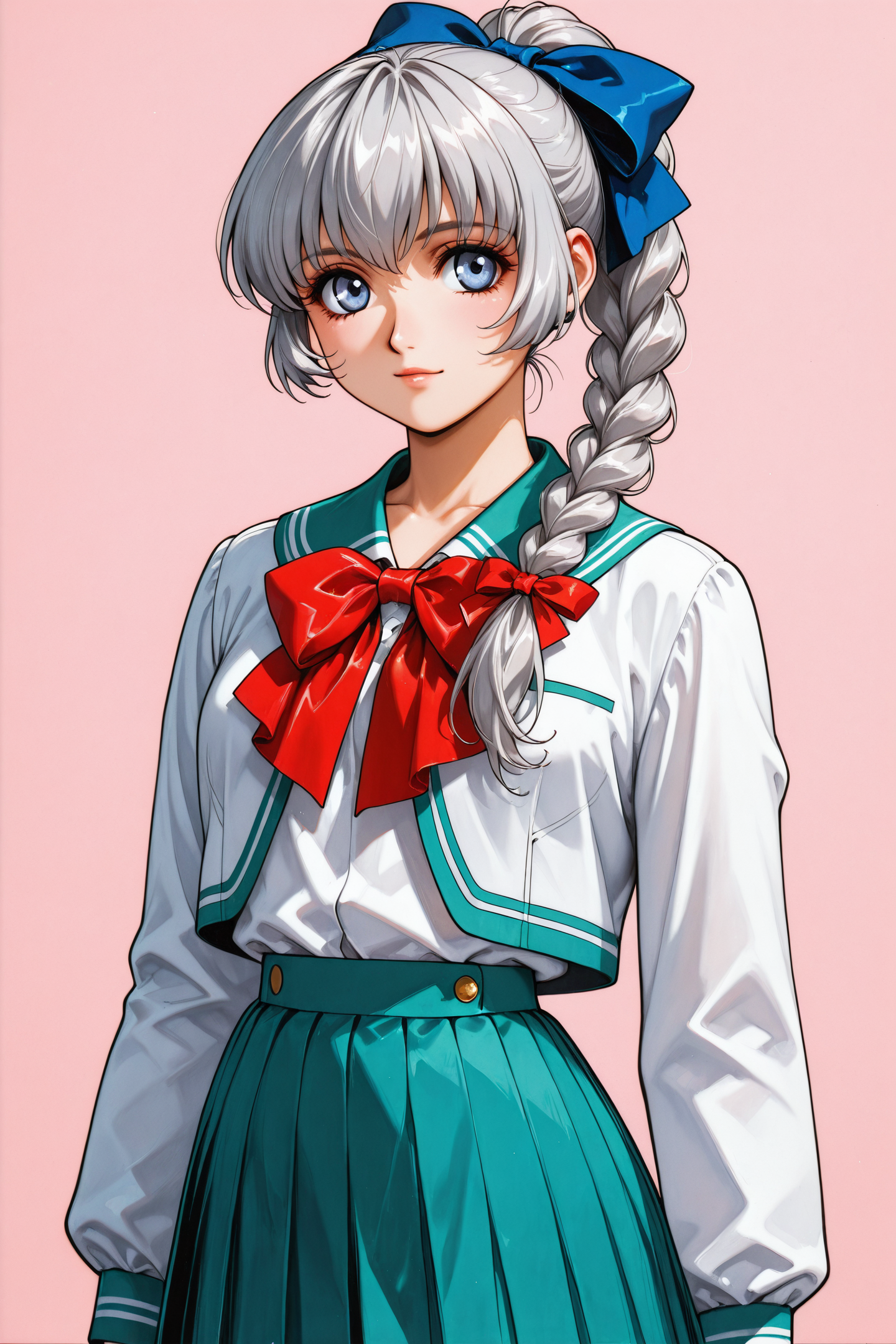 Teletha Testarossa,1girl,solo,telethaseifuku,grey hair,braid,hair bow,blue eyes,braided ponytail,single braid,hair over shoulder,school uniform,pleated skirt,teal skirt,white shirt,white jacket,red bow,blue bow,white socks,upper body,traditional media,retro artstyle,
<lora:Shiki Doji_illustriousXL:0.4>,
<lora:Yasuomi Umetsu_illustriousXL:1>,