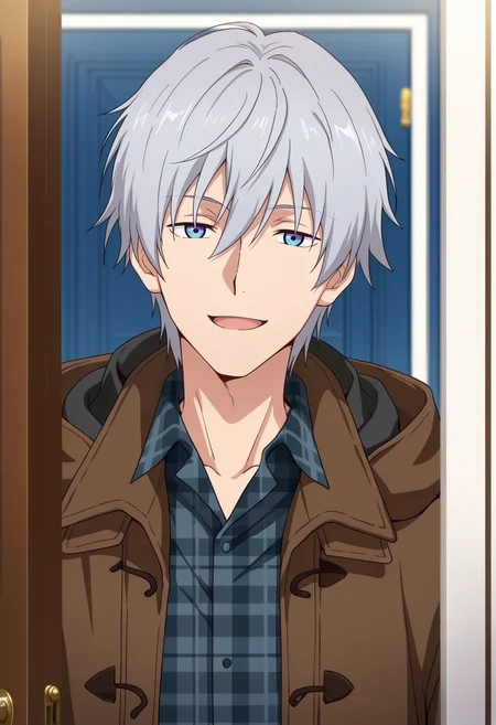 masterpiece, best quality, amazing quality,high resolution, intricate details,official style , , , 1boy, solo, male focus, <lora:Fujiwara:0.78>,fujiwara, gray hair, short hair, blue eyes, looking at viewer, shirt, open mouth, upper body, collared shirt, hood, coat, plaid, parody, door, plaid shirt, gentle smile