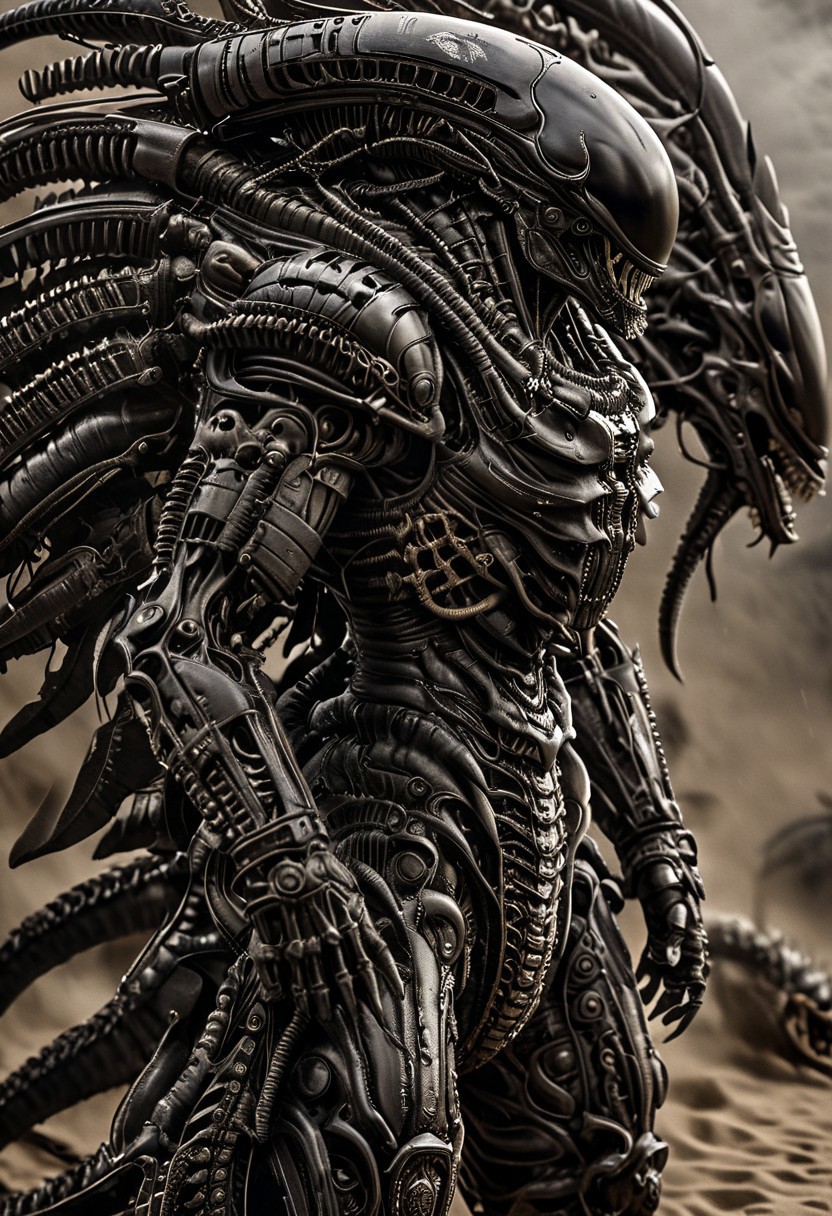 stunning, magnificent, HD, photorealistic, 1samurai xenomorph, dramatic lighting, solo, standing alone in a desert, intricate details, intricate armor, intense gaze, mythical, legendary, powerful, ((dark, evening)), cinematic, close-up, art by hr giger,
 armor, science fiction, no humans,
 vintage painting,painting,realism,Americana art,artistic style