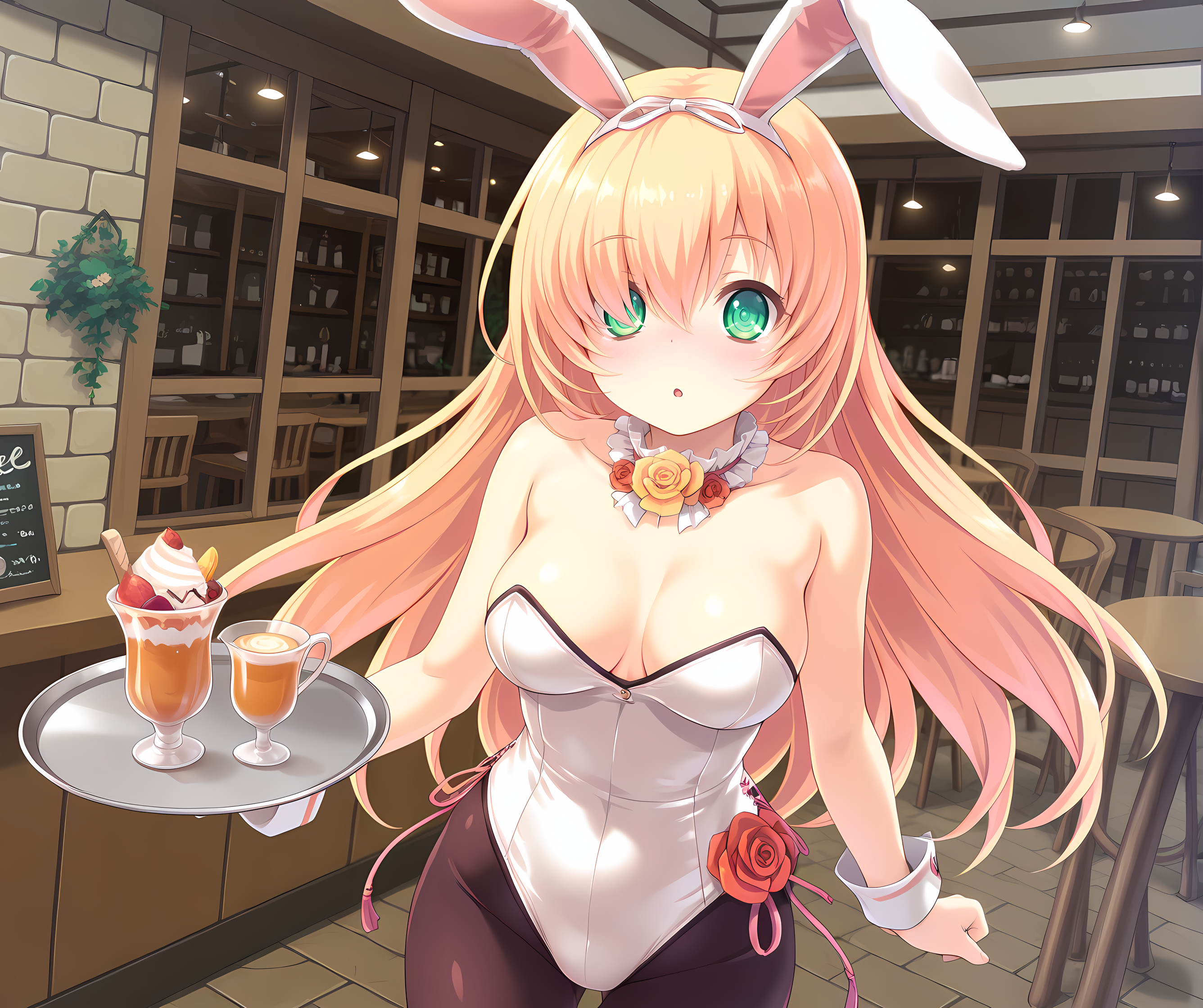 <lora:Alicia_Close_ã¢ãªã·ã¢ã¯ã­ã¼ãº_-_Escude_-_Relord:0.9>,solo,aliclose,blonde hair,long hair,green eyes,medium breasts,rose,hair over one eye,playboy bunny, rabbit ears, cafe, tray,, masterpiece,best quality,amazing quality, very aesthetic, absurdres,detailed eyes,ultra-detailed,