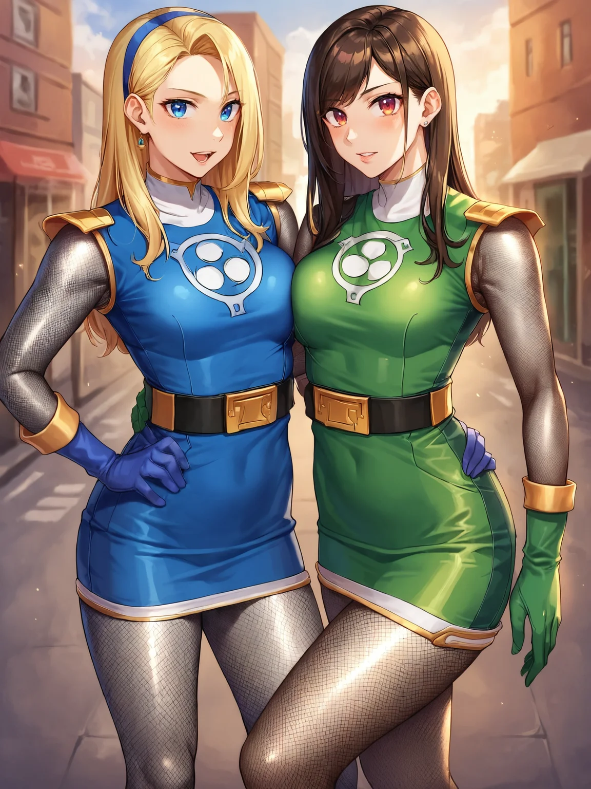 score_9, score_8_up, score_7_up, 2girls, sentaikageblue, shiny clothes, spandex, <lora:Kage_Blue:1.0>, silver bodysuit, fishnet bodysuit, bodysuit under clothes, shoulder pads, black belt, no headwear, outdoors, city, street
blue dress, blue skirt, blue gloves
green dress, green skirt, green gloves