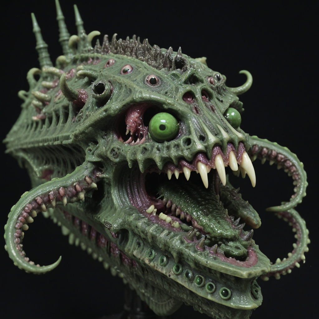 <lora:Chaos_Warfleet_-_Warhammer_40000_SDXL:1>chaoswarfleet, green battleship,space,warp,demonic presence,demonic face,distortion,nightmare,bones,pus,rot,tentacles,eyes,tongues,tentacles,flesh,mouths,twisted,