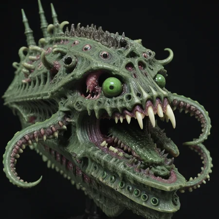 <lora:Chaos_Warfleet_-_Warhammer_40000_SDXL:1>chaoswarfleet, green battleship,space,warp,demonic presence,demonic face,distortion,nightmare,bones,pus,rot,tentacles,eyes,tongues,tentacles,flesh,mouths,twisted,