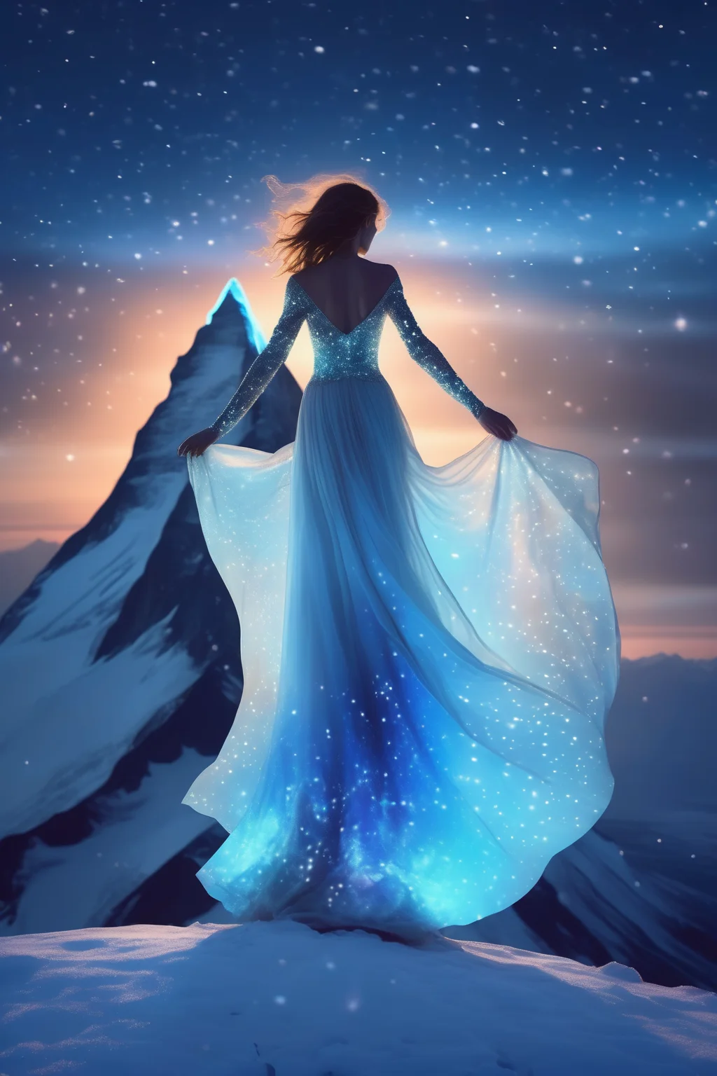 <lora:Elizabeth Gadd Style:1>Elizabeth Gadd Style - a woman with a very long beautiful aerial dress with neon blue white color is standing ontop of snowed mountain peak at night, with bright stars on the sky she beholds a sweeping vista of breathtaking visual beauty. creating a warm glow that fills you with emotional beauty, while the grandeur of the view inspires a sense of intellectual beauty within your mind,masterpiece,cinematic light and shadows,photorealistic,