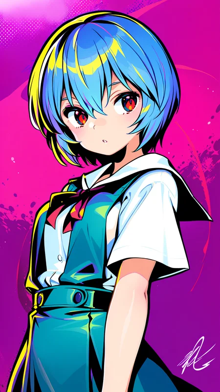,
1girl,ayanami rei,solo,red eyes,short hair,school uniform,blue hair,tokyo-3 middle school uniform,signature,short sleeves,hair between eyes,suspender skirt,purple background,bangs,purple theme,shirt,cowboy shot,looking to the side,skirt,white shirt,looking at viewer,parted lips,suspenders,traditional media<lora:anono_XL:1.5>