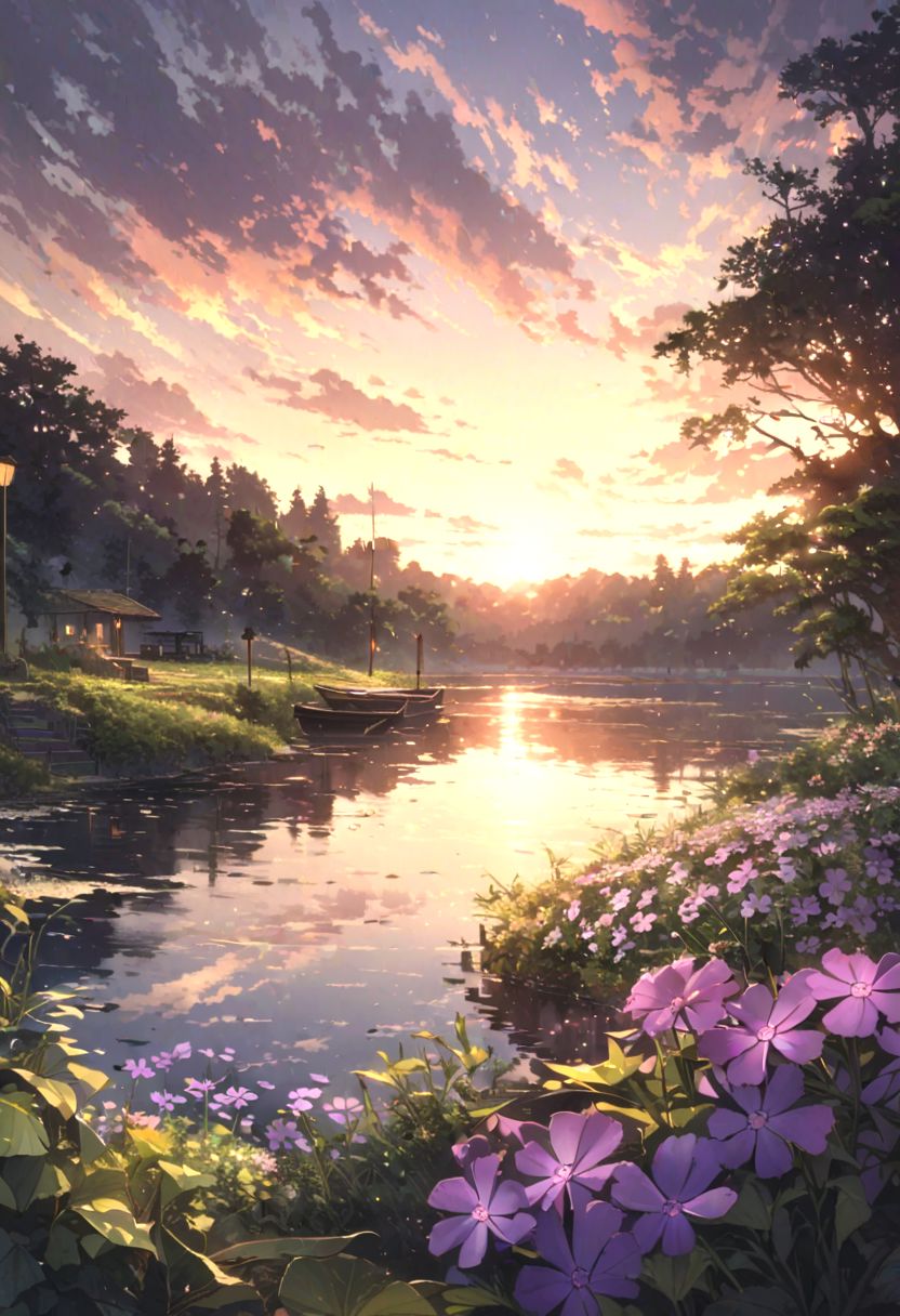 detailed background,( Calm spring night landscape), amongst lush greenery, beautiful view, creeping phlox in full bloom, creeping phlox, early morning, sunrise sky, beautiful clouds, dappled sunlight, outdoor seating, one lamp, Tranquil Lake, Boat on a Lake, depth of field, masterpiece, best quality, ultra-detailed, very aesthetic, illustration, perfect composition, intricate details, absurdres, moody lighting, wisps of light, no humans,