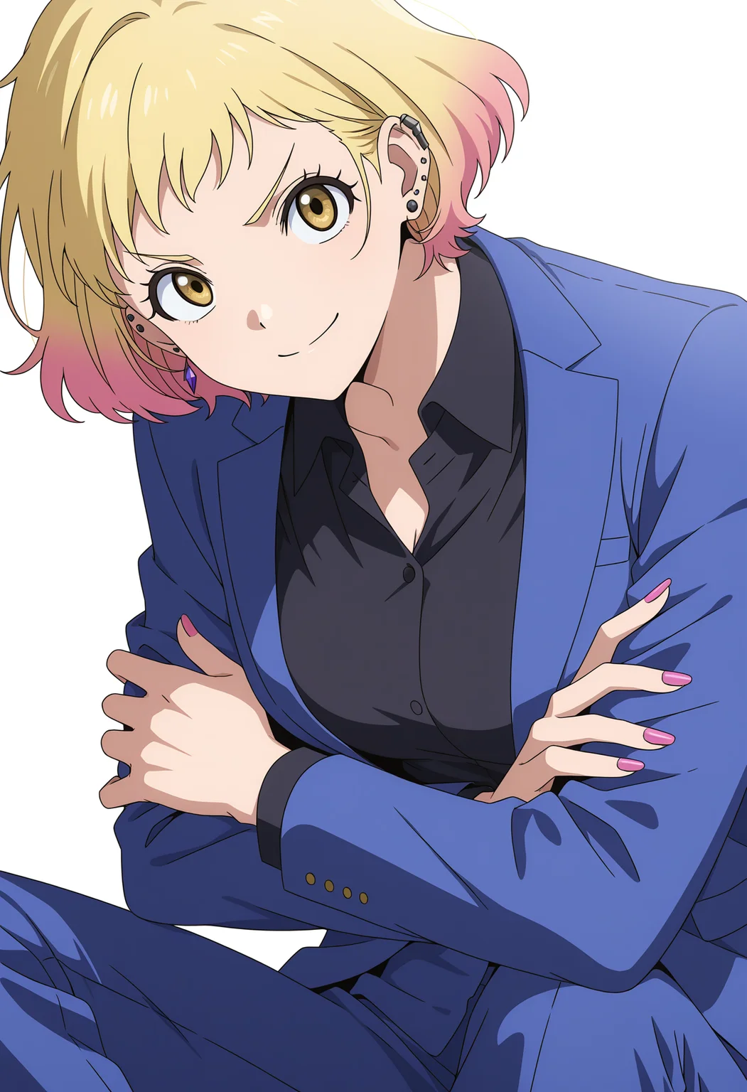 Mario_NACHI_\(Medalist\),solo,crossed arms,smile,blonde hair,short hair,shirt,black shirt,white background,upper body,earrings,yellow eyes,jewelry,jacket,multicolored hair,nail polish,simple background,collared shirt,v-shaped eyebrows,ear piercing,closed mouth,pink nails,blue jacket,piercing,gradient hair,purple nails,long sleeves,<lora:Mario Nachi_v1-000020:1>,cowboy_shot,blue pants