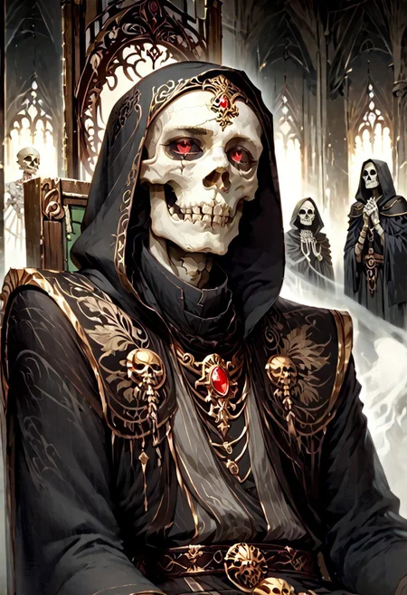 8k, score_9, score_8_up, score_7_up, Art Noveau, masterpiece, 1man (skeleton), (skull face), empty eye sockets, glowing red eyes, grey skin,
intricate black robe, intricate gold sash, black pants, black hood, gold trim, black capelet, high collar, no ears, long sleeves, long intricate gloves, emerald amulet. bracers,
sitting on throne, dark ruined palace, indoors,
1dk, portrait, Art Noveau, Noveau, skeleton, glowing eyes, black sclera, empty eyes, FFAOR, sharp_LASCALAE, ultra sharp focus,