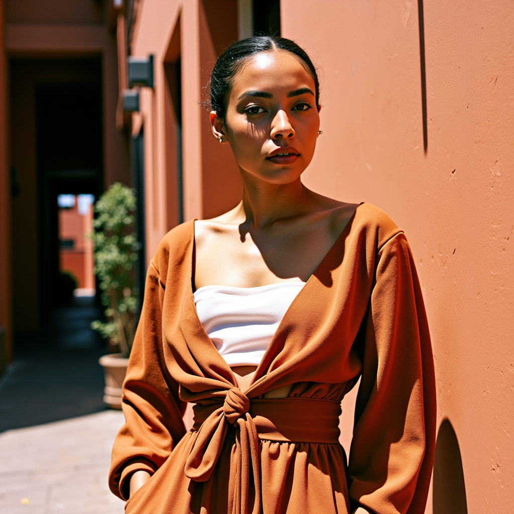 Ultra quality, ultra realistic, ultra detailed skin textures and colors, in a sun-drenched alley in Marrakesh, a striking woman leans casually against a hand-painted ochre wall, wearing a rust-toned linen jumpsuit by Mara Hoffman with the sleeves tied around her waist, revealing a crisp white bandeau. Her skin glows with golden undertones, with a faint sheen of sweat at her collarbones. Her half-body portrait is captured with a Leica SL2-S mounted with a vintage Leica R 90mm Summicron on Portra 800, carefully metered for highlights to retain deep midtone skin detail. Lighting is shaped with a bounce board held low to return warm street light onto her neck and chest, while a black flag behind camera absorbs ambient spill, deepening shadows around her waist. Her expression is relaxed but charged, like sheâs just said something witty off-cameraâreal, grounded, cinematic.
 <lora:Detailed Skin&Textures Flux V3:0.7> dsv4