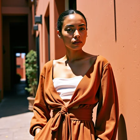 Ultra quality, ultra realistic, ultra detailed skin textures and colors, in a sun-drenched alley in Marrakesh, a striking woman leans casually against a hand-painted ochre wall, wearing a rust-toned linen jumpsuit by Mara Hoffman with the sleeves tied around her waist, revealing a crisp white bandeau. Her skin glows with golden undertones, with a faint sheen of sweat at her collarbones. Her half-body portrait is captured with a Leica SL2-S mounted with a vintage Leica R 90mm Summicron on Portra 800, carefully metered for highlights to retain deep midtone skin detail. Lighting is shaped with a bounce board held low to return warm street light onto her neck and chest, while a black flag behind camera absorbs ambient spill, deepening shadows around her waist. Her expression is relaxed but charged, like sheâs just said something witty off-cameraâreal, grounded, cinematic.
<lora:Detailed Skin&Textures Flux V3:0.7> dsv4