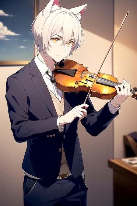 (masterpiece, intricate:1.3), (best quality, hires textures, high detail:1.2), (4k) 1boy, male, man, cat ears, no human ears, short hair, silver hair, yellow eyes, cargo pants, vneck, blazer, playing a violin