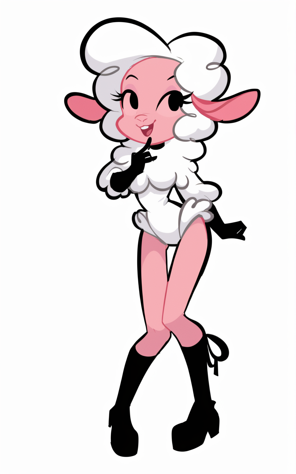 score_9, score_8_up, score_7_up,((best quality)), absurdres,((full body)),  <lora:3d-2d:0.8>,  <lora:LeggyLambPXL:0.8>,LeggyLambPXL,sheep ears, furry, goat ears, pink skin,black eyes, slim, skinny,black gloves, long sleeves, gloves, white leotard, wool,body wool,boots,white background,white hair