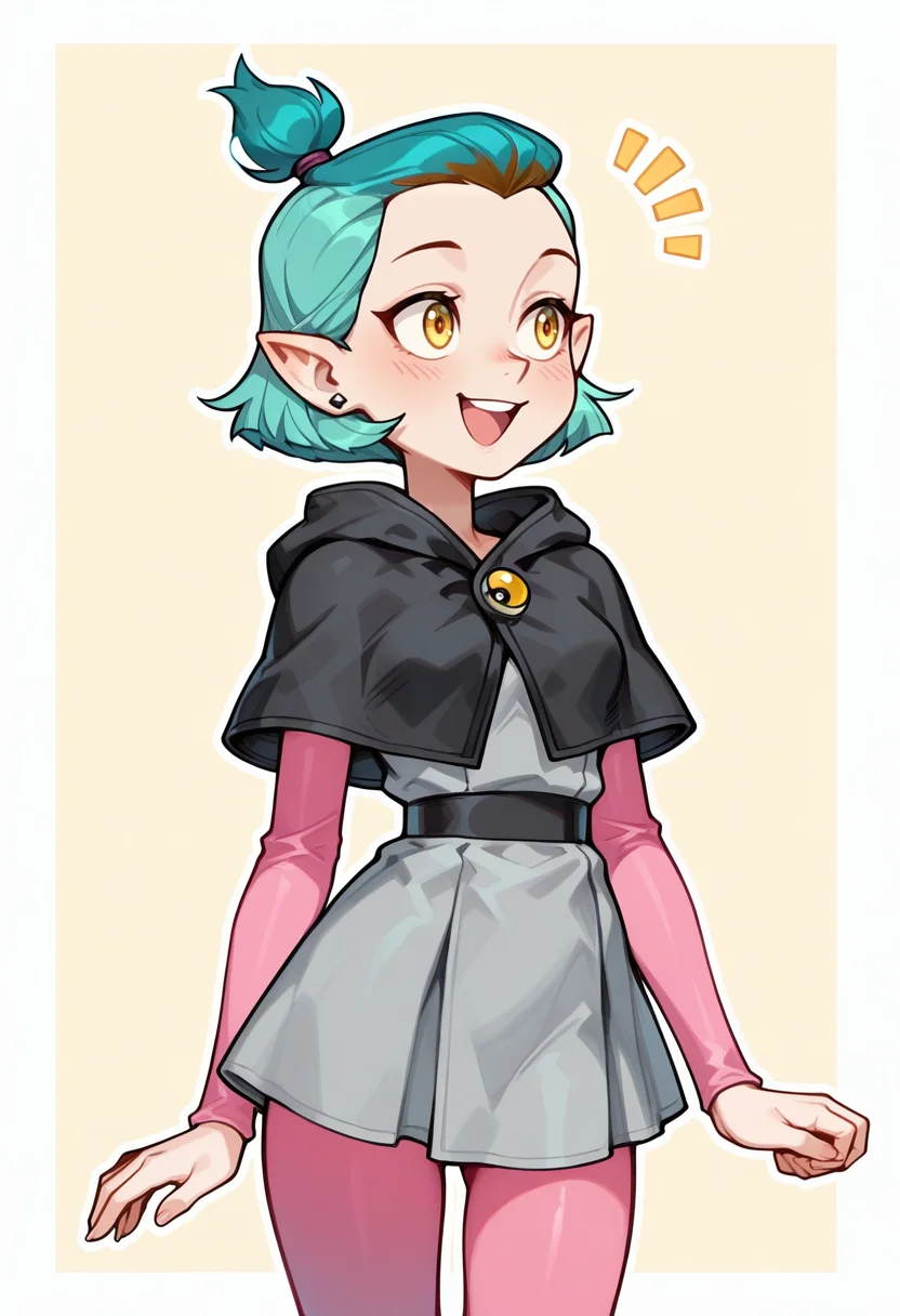 masterpiece, best quality, very aesthetic, absurdres, simple background,
BREAK 1 girl, solo, AmityOH, short hair, teal hair, small ponytail, yellow eyes, pointy ears, earrings, grey dress, black capelet, pink pantyhose, pink sleeves, happy,
BREAK <lora:AKinuNishimura_Style:1.0>, <lora:Smooth_Booster_v2:0.4>, good hand, <lora:Amity_Blight__Illustrioous:1>
