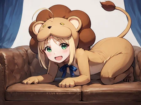 score_9, score_8_up, source_anime, masterpiece,
1girl, saberLion, solo, lion costume, blonde hair, all fours, clawing, green eyes,open mouth, happy, blush, bow, ahoge, looking at viewer,
in couch, indoor, detailed background, <lora:saber lion test0.1:0.9>
