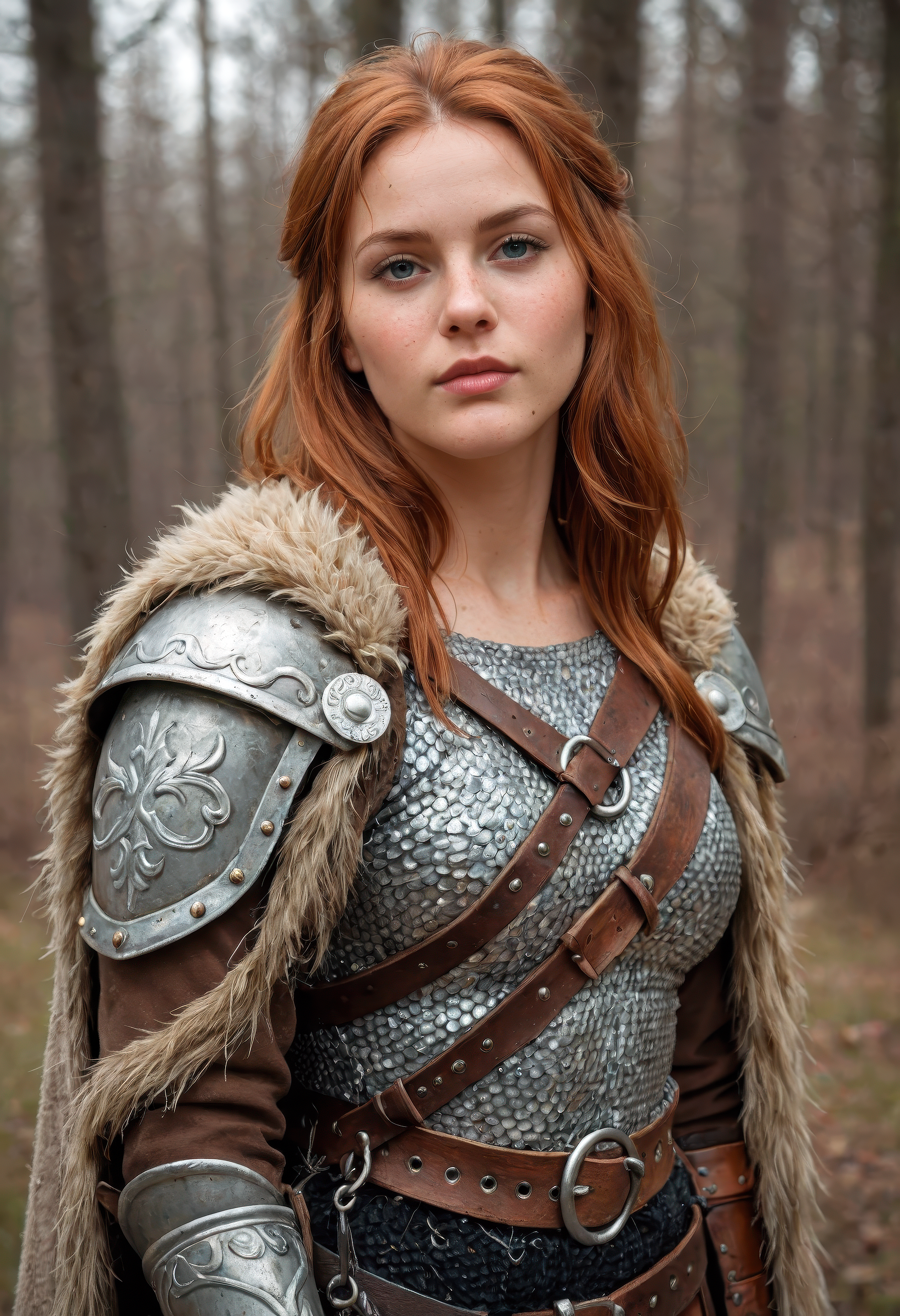 score_9, score_8_up, score_7_up, (masterpiece, best quality, ultra-detailed, realistic),A high-resolution photograph of a Viking woman warrior, traditional Viking armor, leather tunic, chainmail, fur cloak, The overall mood is intense and adventurous, capturing the spirit of the Viking age, high-resolution, Viking warrior, traditional armor, intense, adventurous