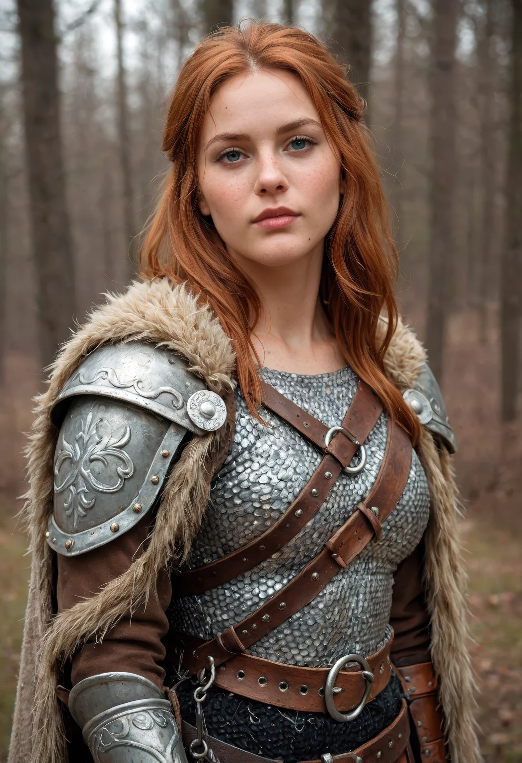 score_9, score_8_up, score_7_up, (masterpiece, best quality, ultra-detailed, realistic),A high-resolution photograph of a Viking woman warrior, traditional Viking armor, leather tunic, chainmail, fur cloak, The overall mood is intense and adventurous, capturing the spirit of the Viking age, high-resolution, Viking warrior, traditional armor, intense, adventurous