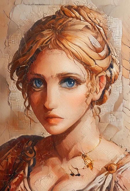 Roman mosaic of,  score_9, score_8_up, score_7_up, rating_questionnable, 18yo beauty czech girl,  solo, dynamic pose, blonde hair, (half updo), blue eyes, lips, collarbone, big tits, cleavage, necklace, jewelry, patterned dress, looking at viewer, indoor