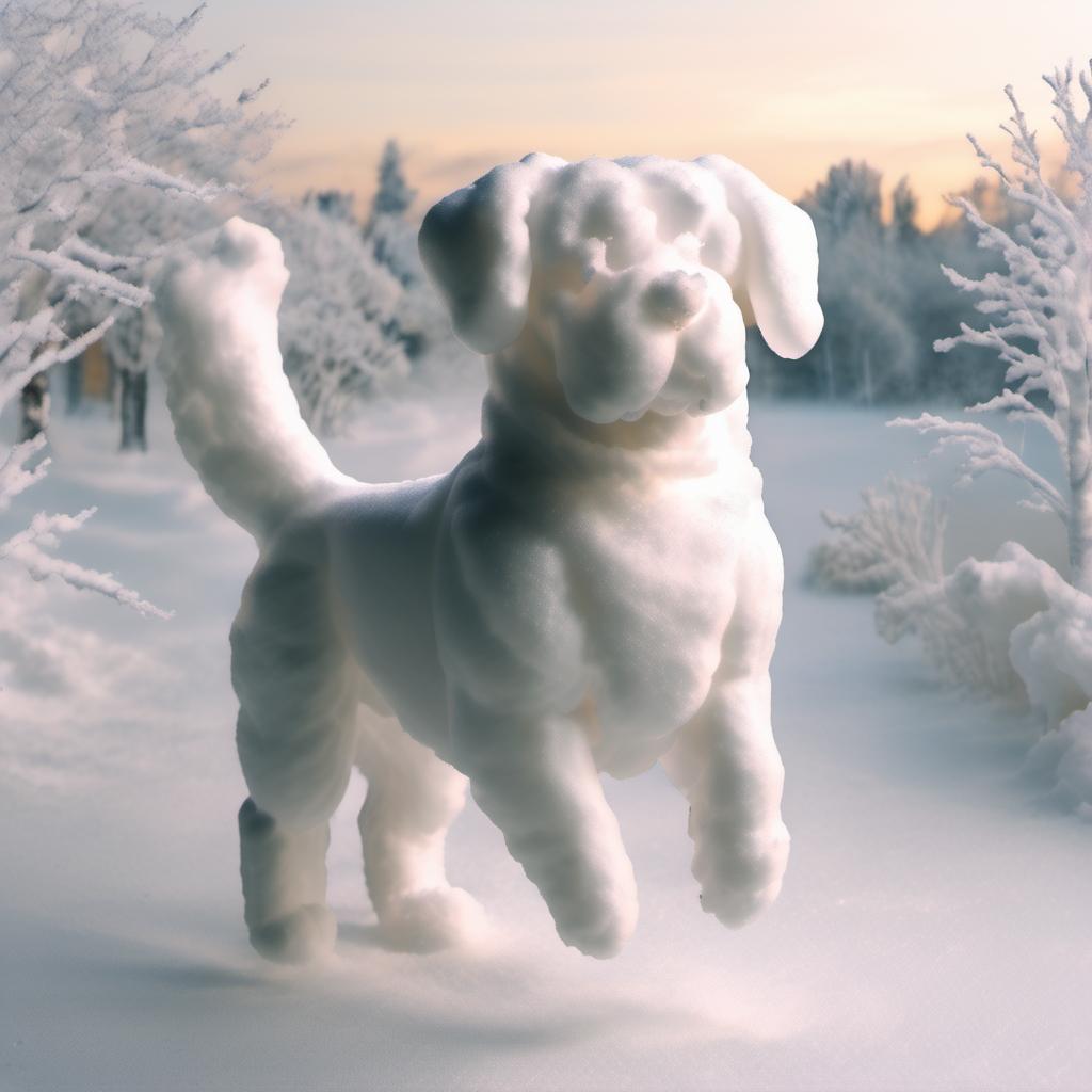 <lora:Aether_Snow_v1_SDXL_LoRA:1.0> full-body photo of a dog made of snow, jumping