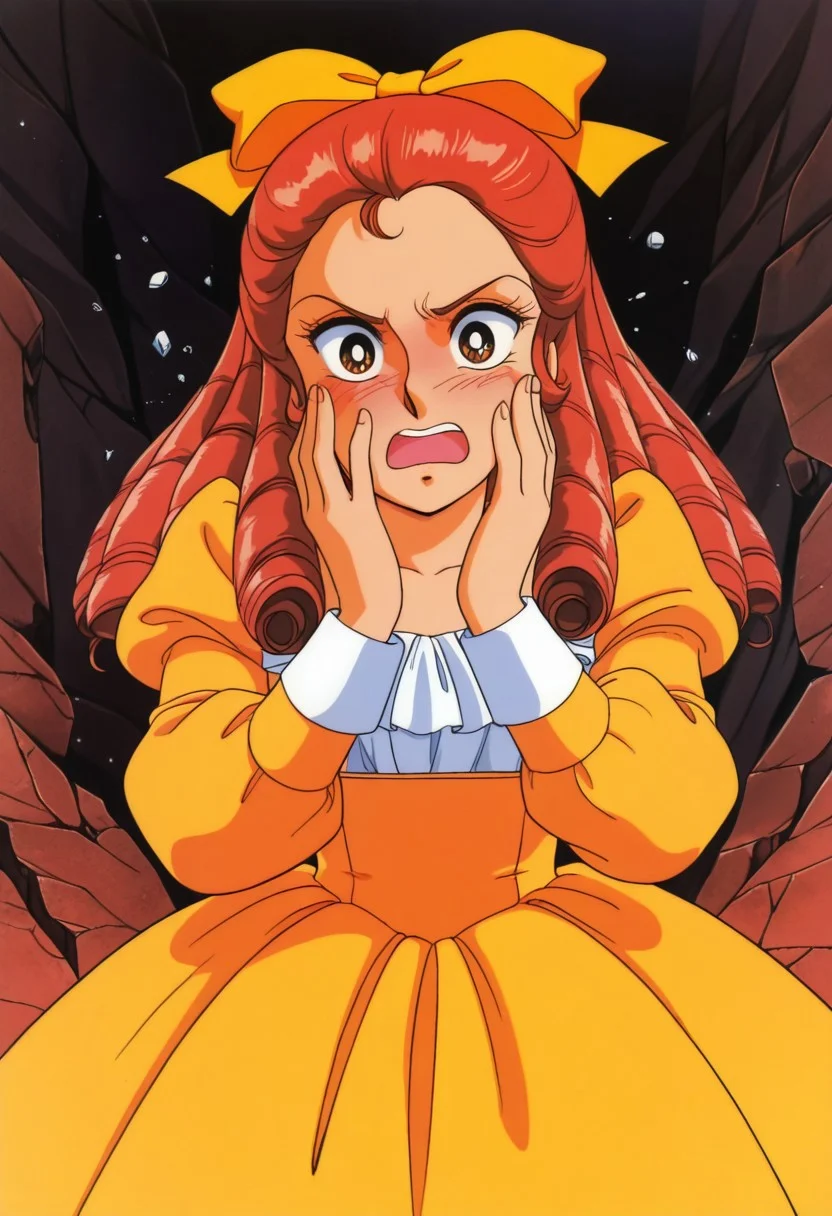 1girl, solo, Eliza_Leagan, shiny red hair, brown eyes, Edwardian ringlets hair, drill hair, hair bow, yellow bow on top, high resolution, more details, 8k quality, score_9, score_8_up, score_7_up, masterpiece, best quality, official art, official style, very aesthetic, absurdres, source_anime, perfect anatomy, 1980s (style), hanging eyes, proportions, anatomically correct, perfect hands, perfect fingers, high resolution, more details, 8k quality, best quality, blushing, surprised, open mouth, right hand on face, yellow vintage Edwardian dress, shocked, shocked effect as background, breaking background,
